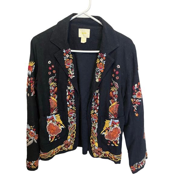 Maeve Anthropologie Black Blazer Jacket Colorful Embroidered Floral Cotton 6 - Picture 1 of 10